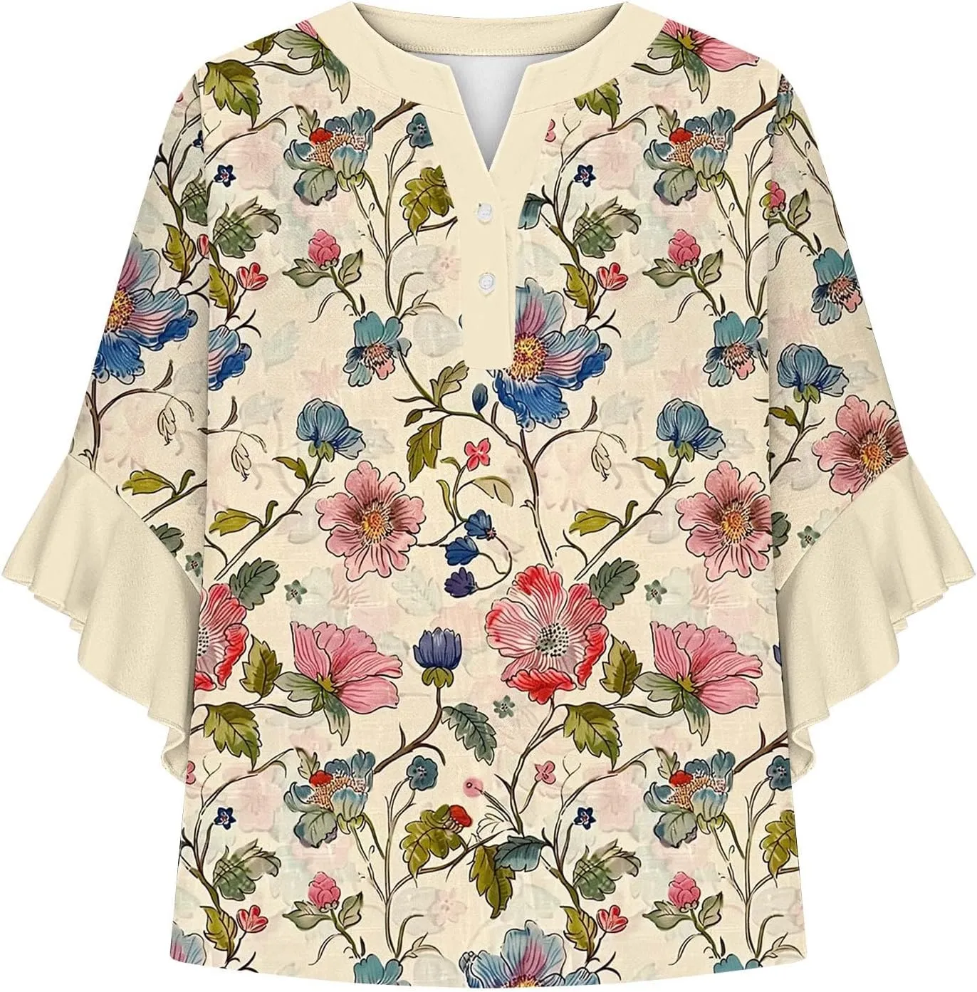 3/4 Length Sleeve Womens Tops Casual V Neck Button Down Shirts Floral Print Flowy Boho Tops 2025 Summer Blouses