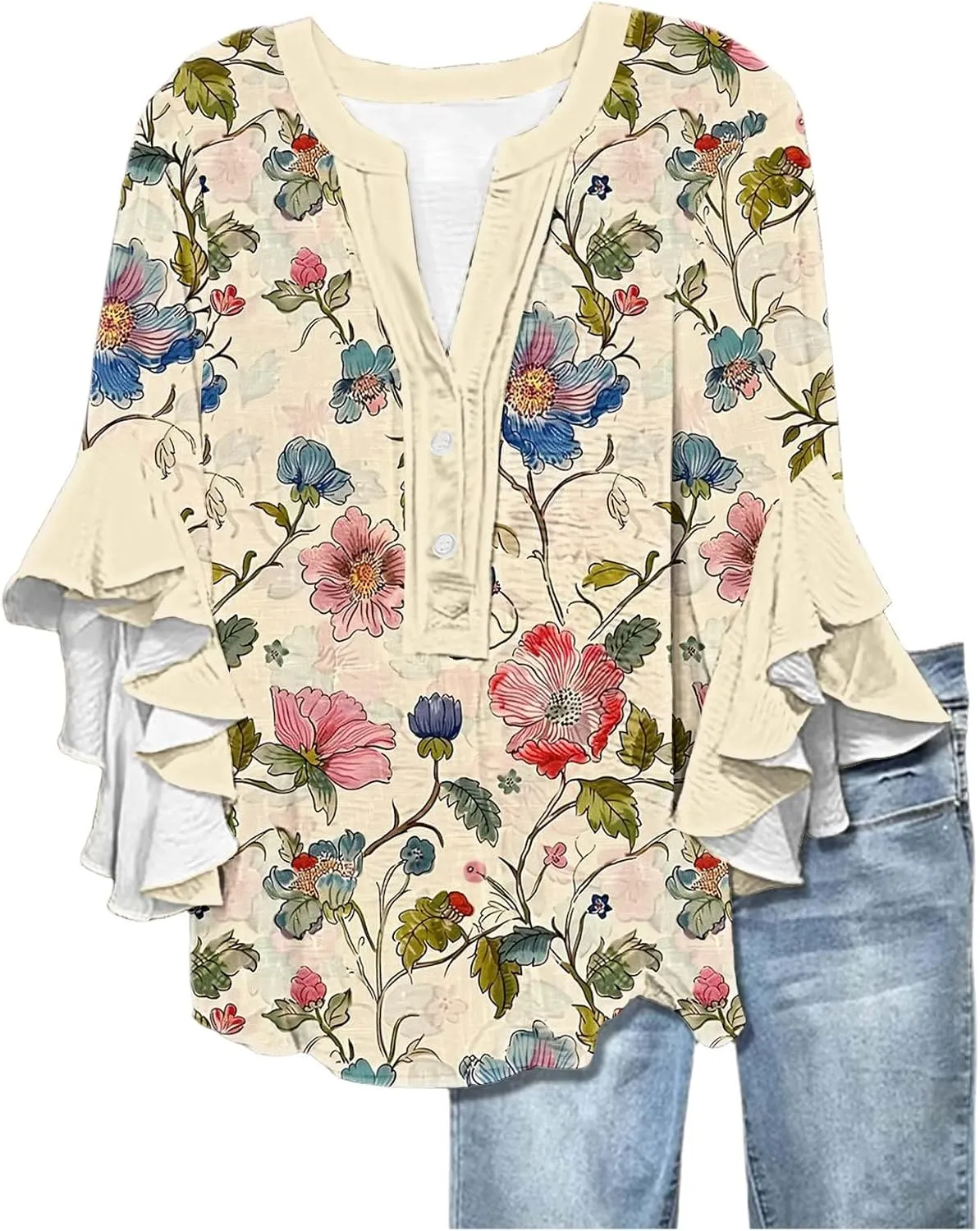 3/4 Length Sleeve Womens Tops Casual V Neck Button Down Shirts Floral Print Flowy Boho Tops 2025 Summer Blouses