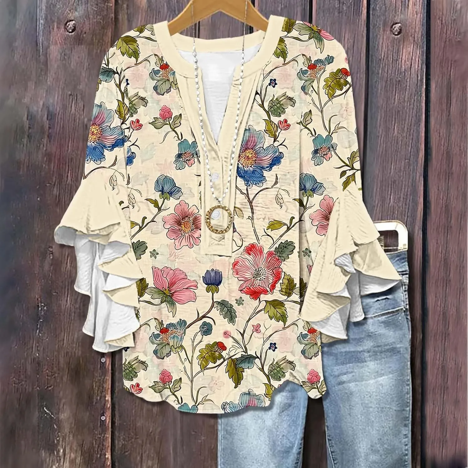 3/4 Length Sleeve Womens Tops Casual V Neck Button Down Shirts Floral Print Flowy Boho Tops 2025 Summer Blouses