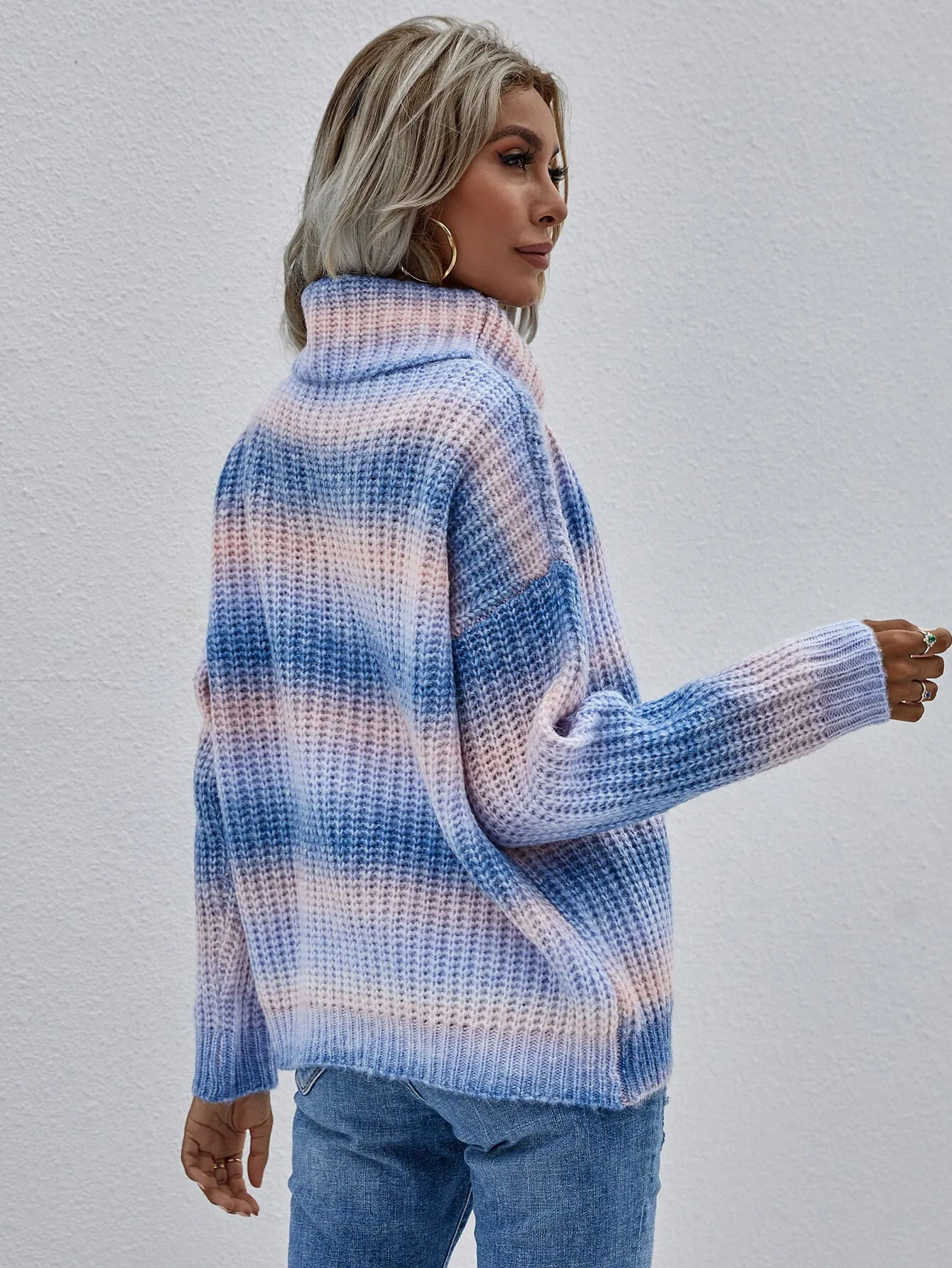 'Amelia' Rainbow Rib-Knit Turtleneck Drop Shoulder Sweater (2 Colors)