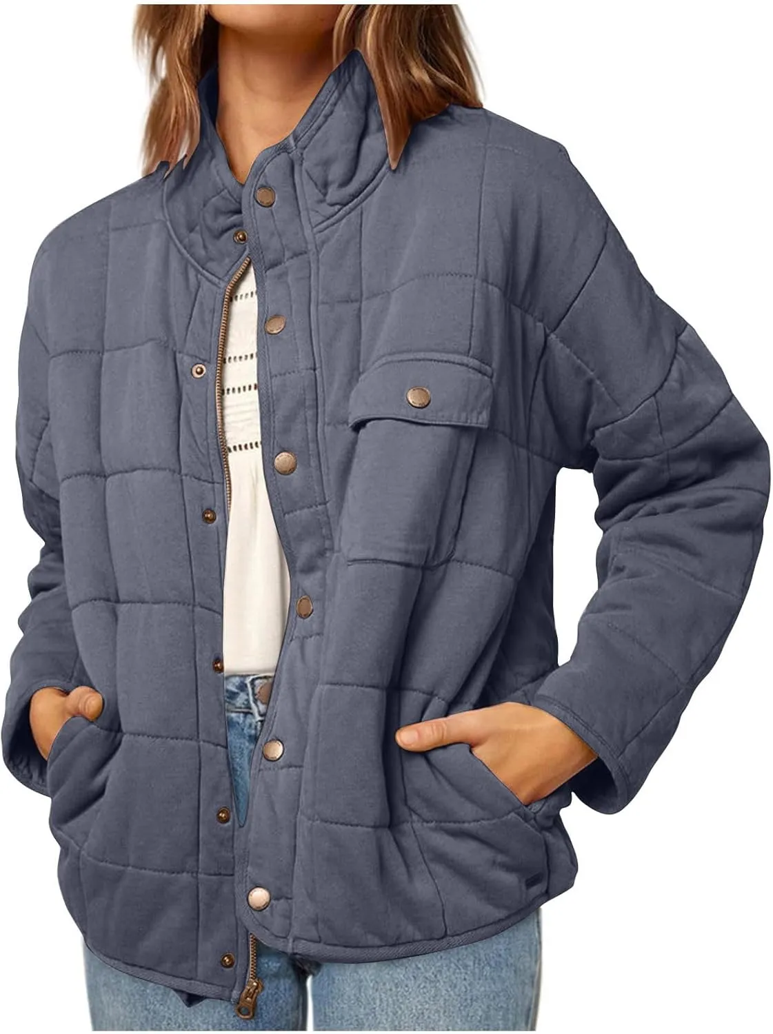 Anjikang Quilted Bomber Jackets for Women Winter Lightweight Packable Thick Puffer Jacket Stand Collar Solid Dolman Outerwear