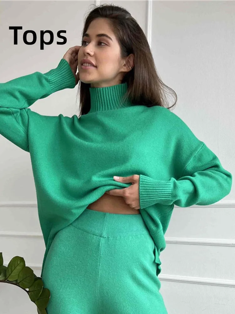 Autumn Women Turtleneck Knitted Sweater Set
