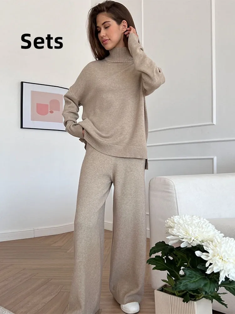 Autumn Women Turtleneck Knitted Sweater Set