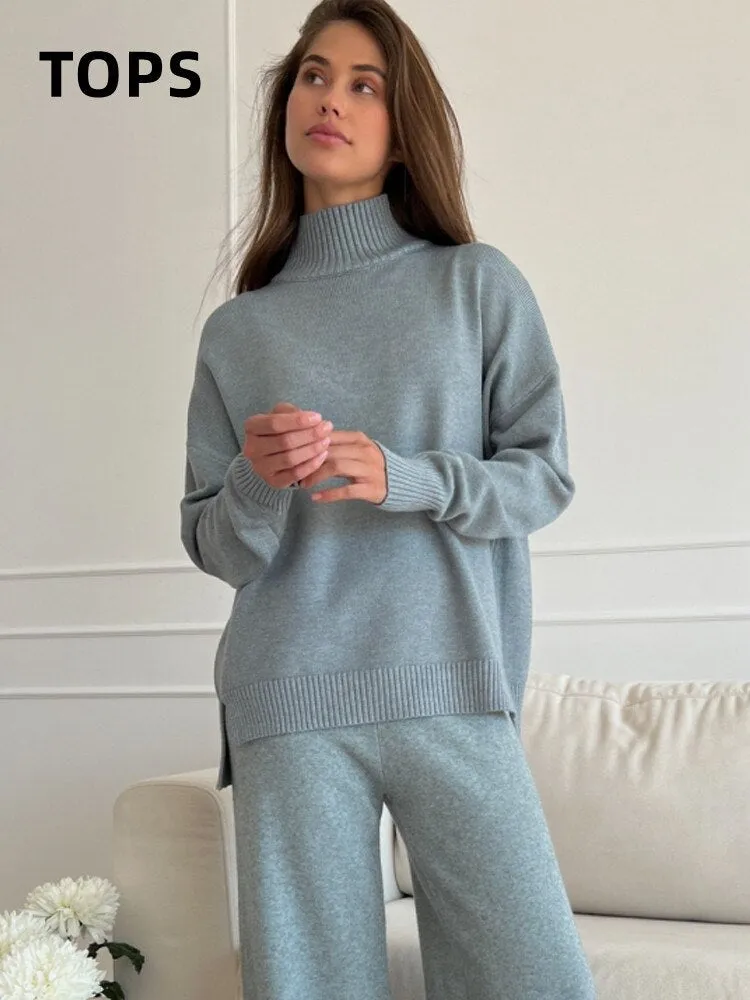 Autumn Women Turtleneck Knitted Sweater Set
