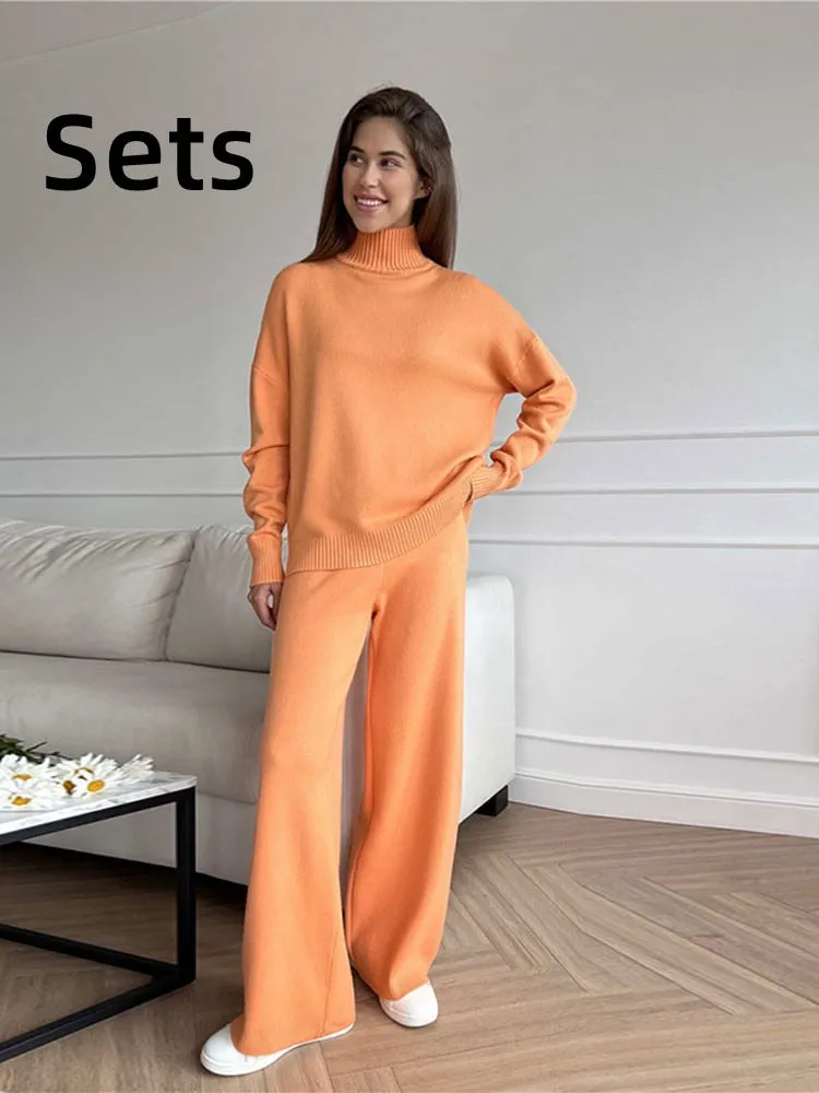 Autumn Women Turtleneck Knitted Sweater Set