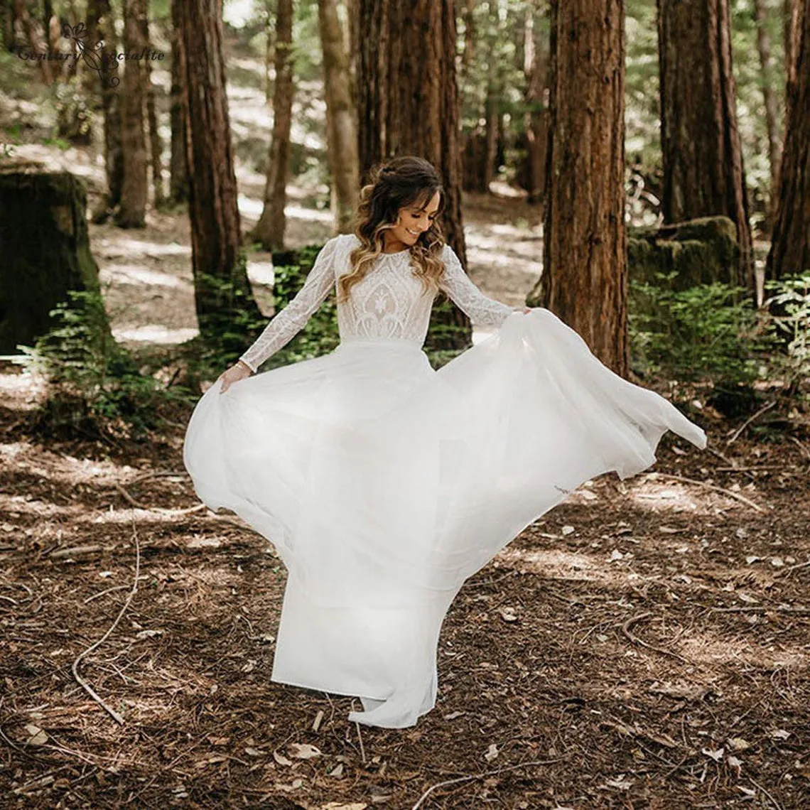 Bohemian Lace Top Long Sleeve Beach Wedding Gowns Boho Bridal Gowns OKU87