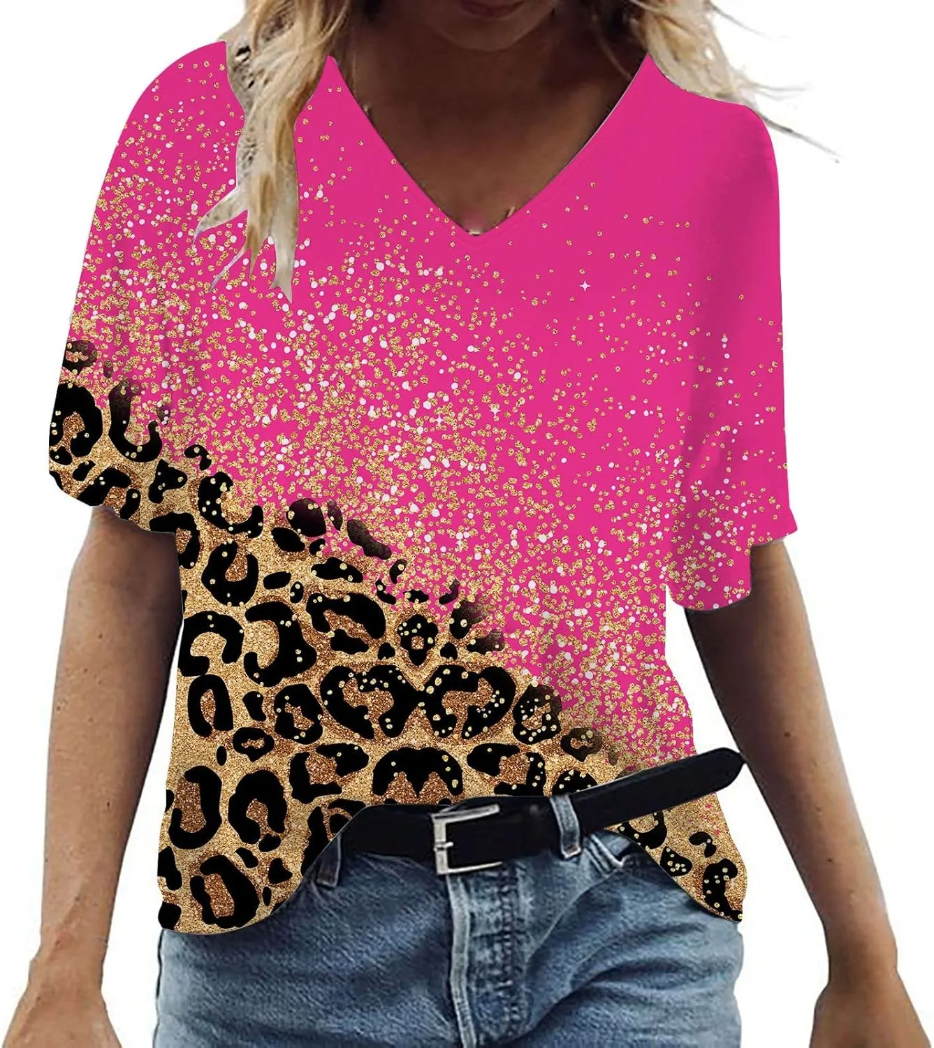 Ceboyel Womens Leopard Print Summer Blouse V Neck Tunic T Shirts Short Sleeve Casual Loose Tee Tops Flowy Ladies Outfits 2023