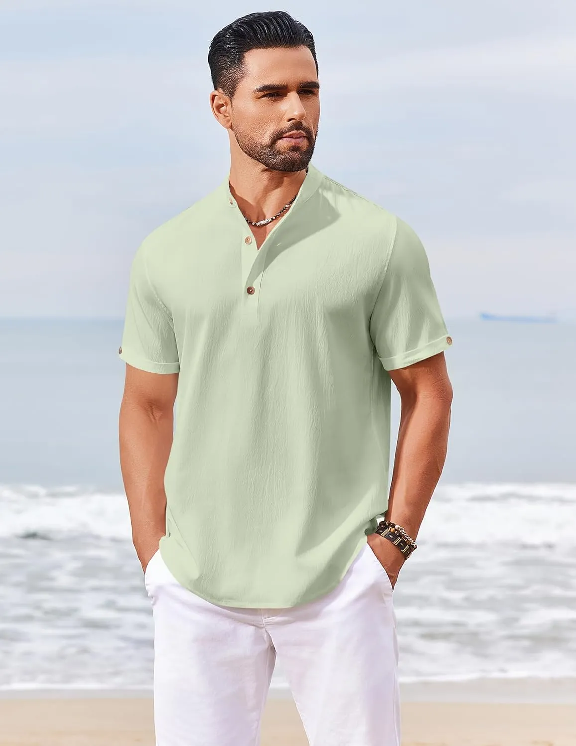 COOFANDY Men's Casual Henley Shirts Short Sleeve Summer Beach T-Shirts Banded Collar Henleys Button Tee Shirt