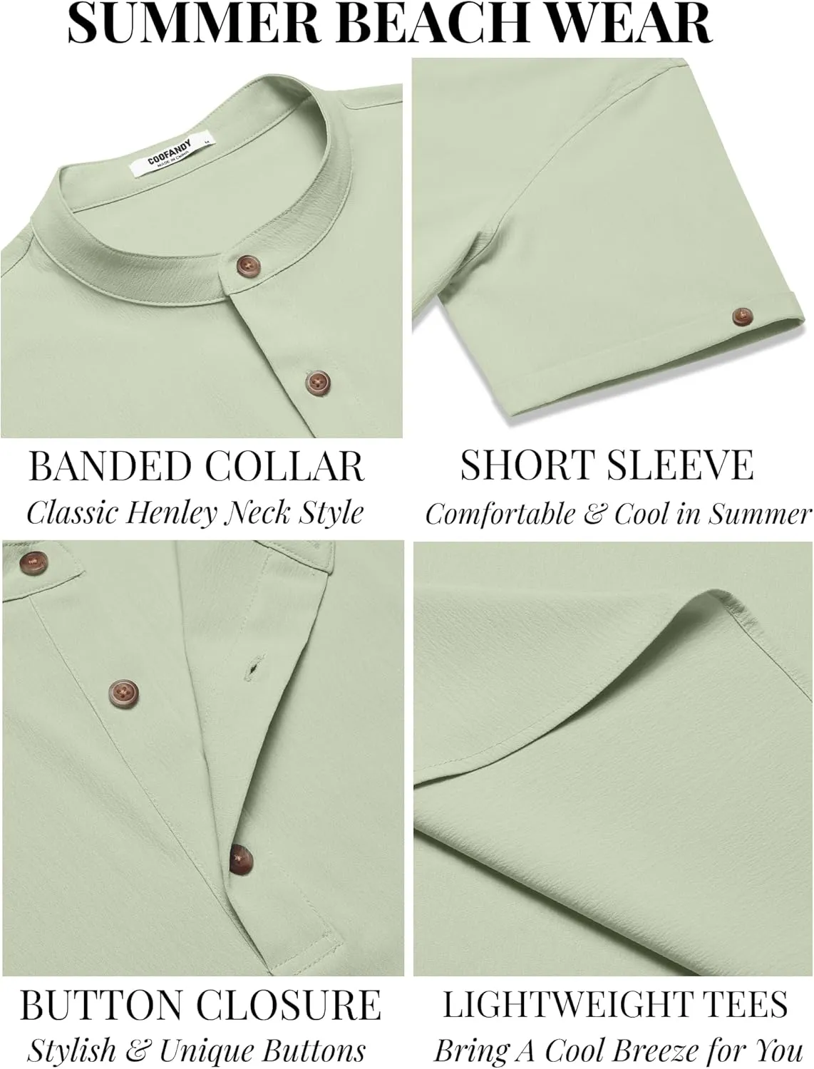 COOFANDY Men's Casual Henley Shirts Short Sleeve Summer Beach T-Shirts Banded Collar Henleys Button Tee Shirt