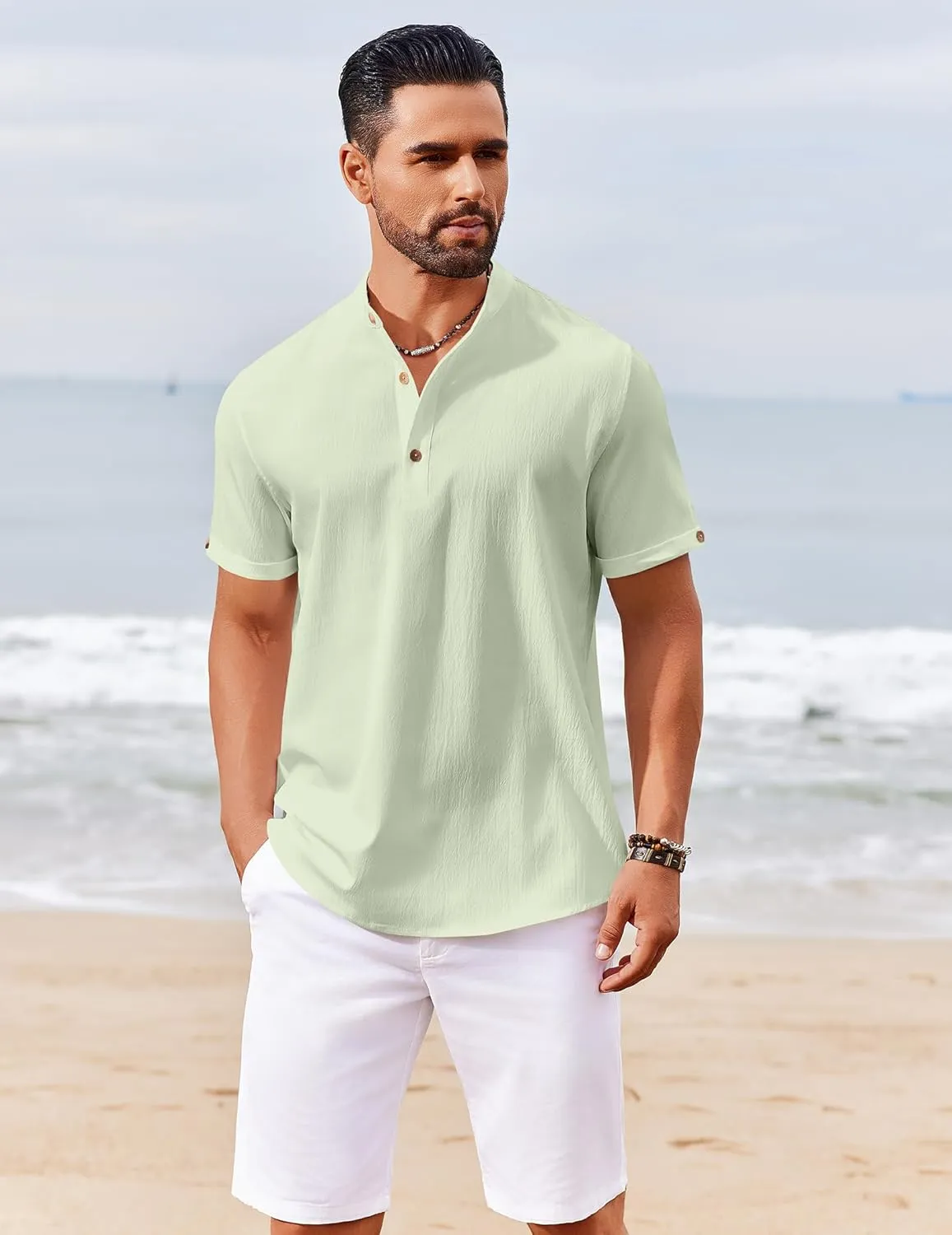COOFANDY Men's Casual Henley Shirts Short Sleeve Summer Beach T-Shirts Banded Collar Henleys Button Tee Shirt