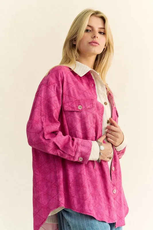 Davi & Dani Hot Pink Curved Hem Diamond Quilted Button Up Denim Shacket