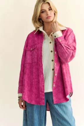 Davi & Dani Hot Pink Curved Hem Diamond Quilted Button Up Denim Shacket
