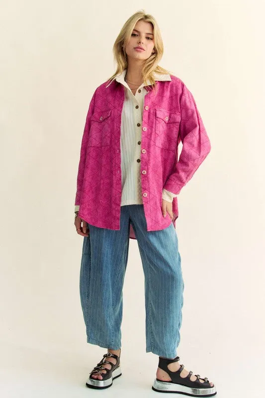 Davi & Dani Hot Pink Curved Hem Diamond Quilted Button Up Denim Shacket