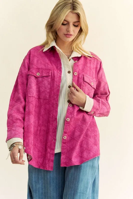 Davi & Dani Hot Pink Curved Hem Diamond Quilted Button Up Denim Shacket