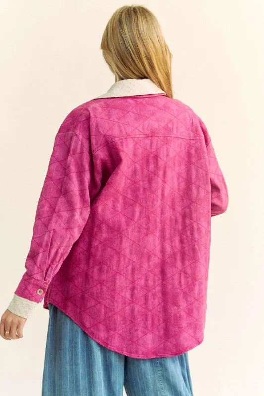 Davi & Dani Hot Pink Curved Hem Diamond Quilted Button Up Denim Shacket