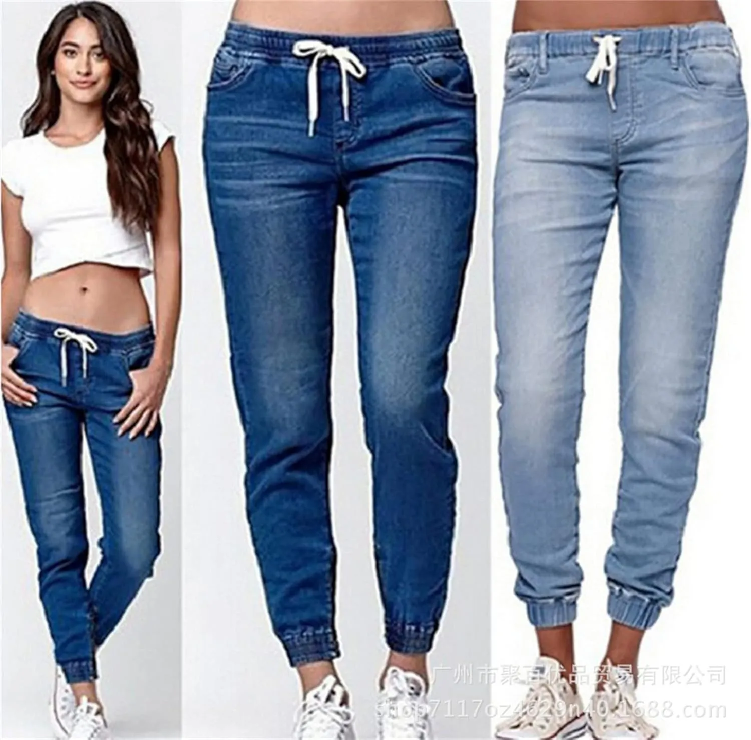 Denim Joggers Jeans for Women Pull-on Classic Tapered Jean Drawstring Elastic Waist Stretch Loose Jeans Pants Plus Size (X-Large,Light Blue)