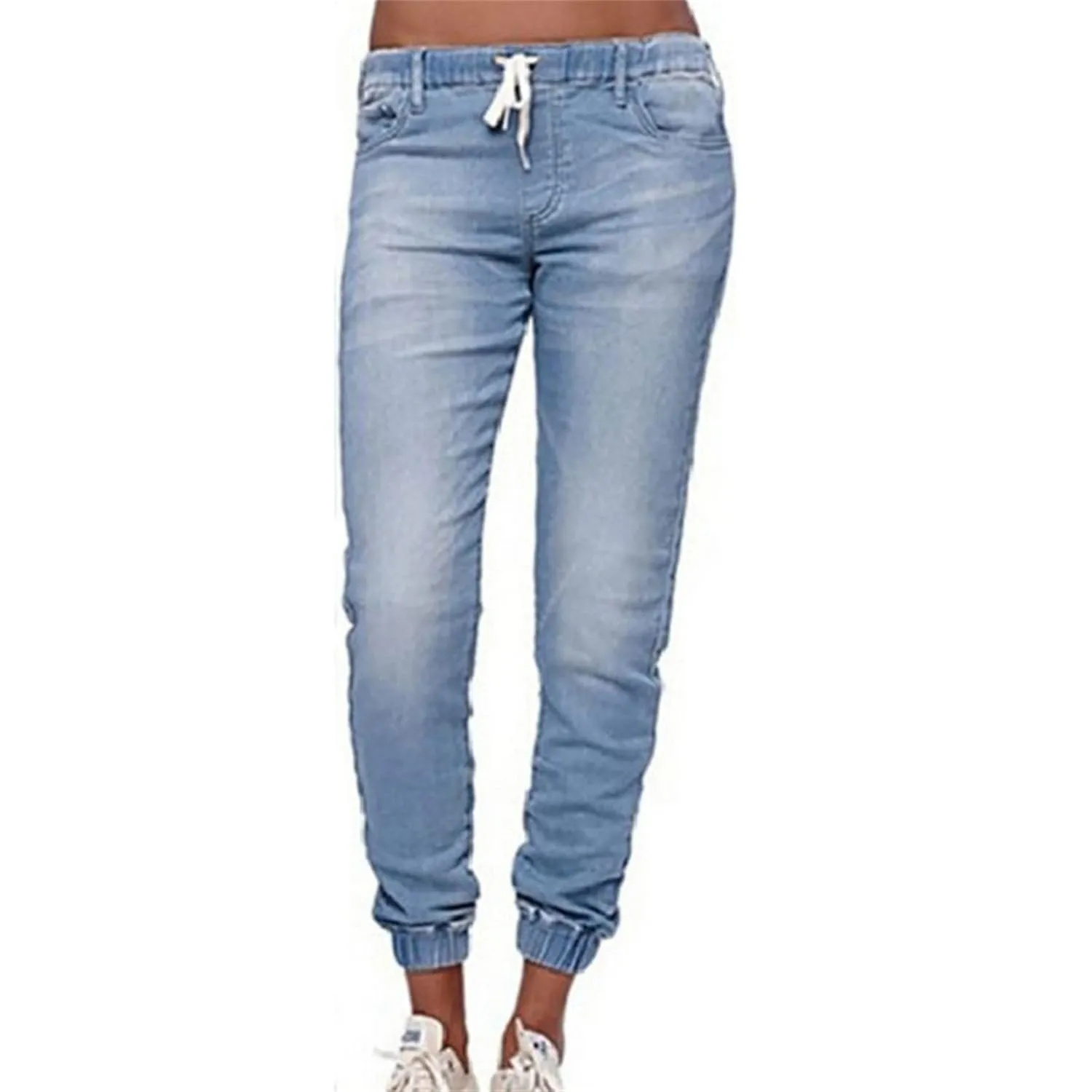 Denim Joggers Jeans for Women Pull-on Classic Tapered Jean Drawstring Elastic Waist Stretch Loose Jeans Pants Plus Size (X-Large,Light Blue)
