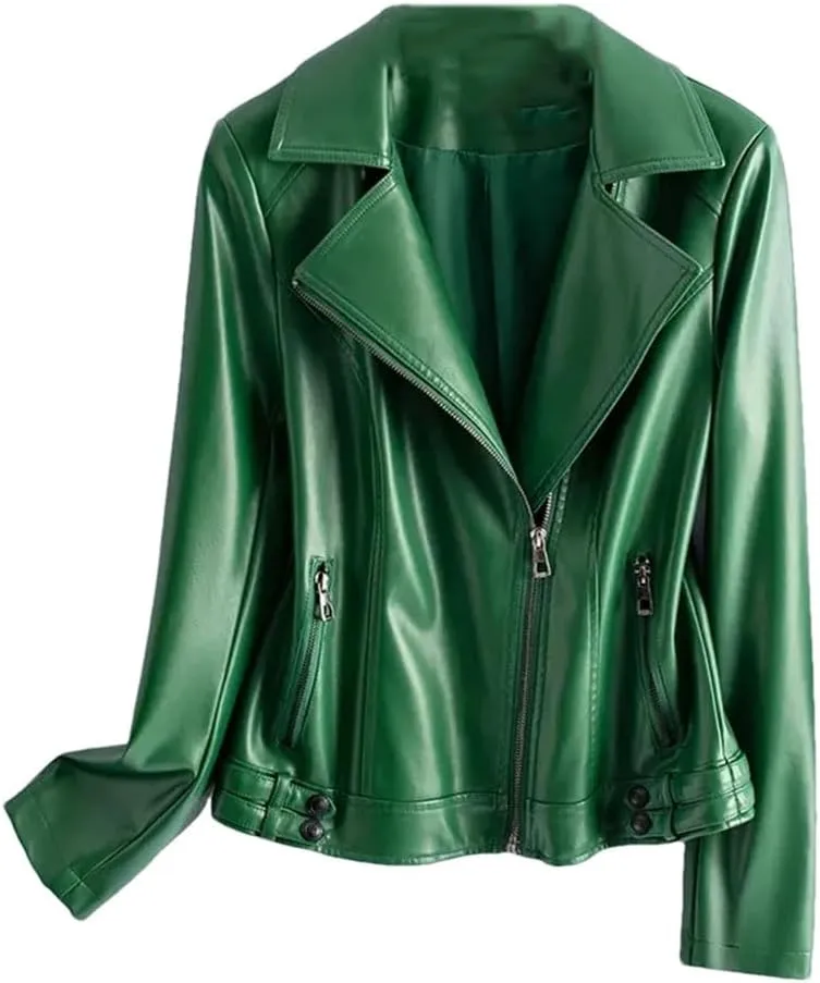 Fashion Jackets Women Lapel Collar Full Sleeve Leather Coats Casual Zipper Short Moto Biker Jackets