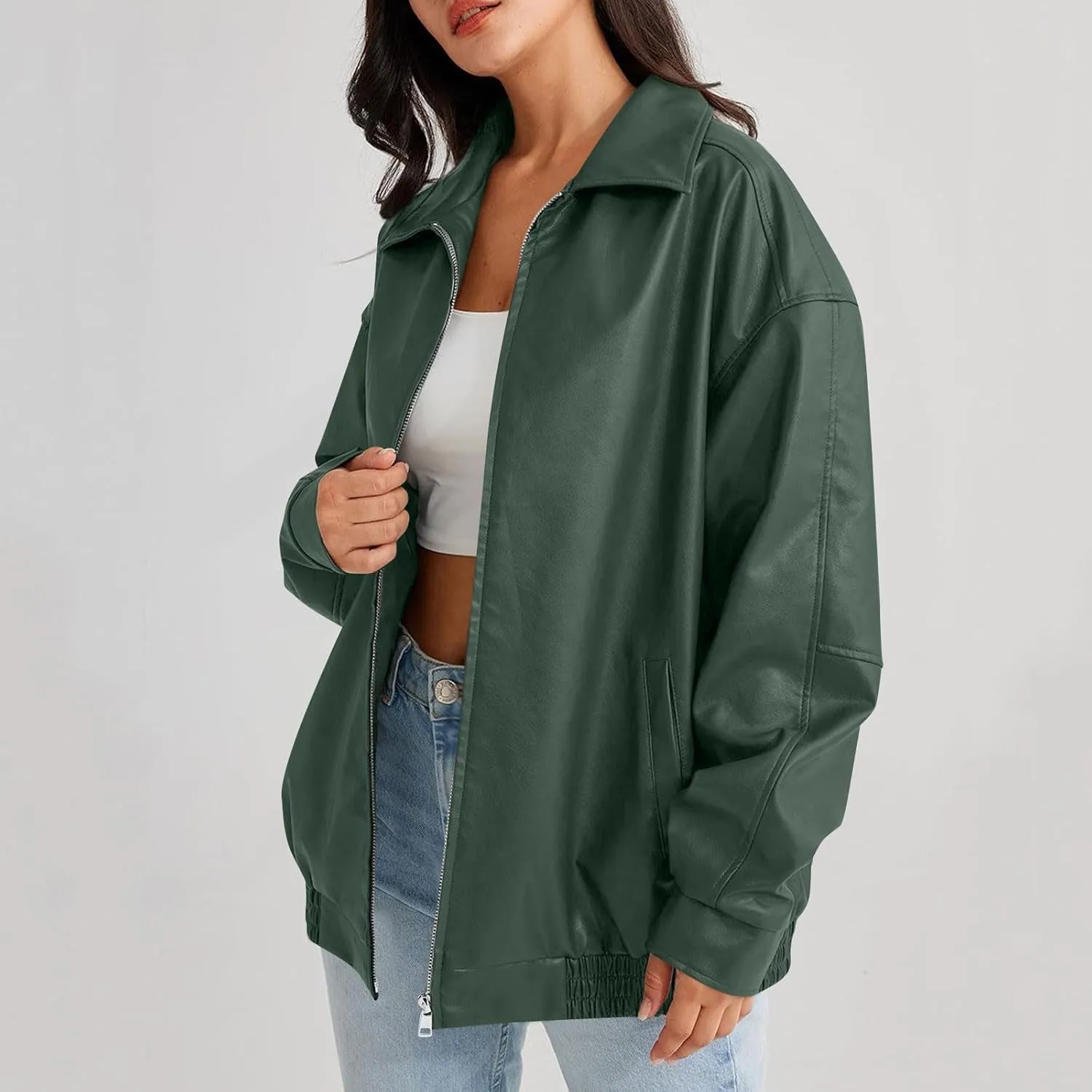 Faux Leather Jacket Women Full Zip Oversized Coats Winter Casual Motocycle Fall Jacket Winter Clothes With Pockets