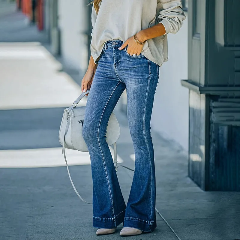 Flare Jeans Women Denim Pants Stretch Pocket Trousers Straight Pants
