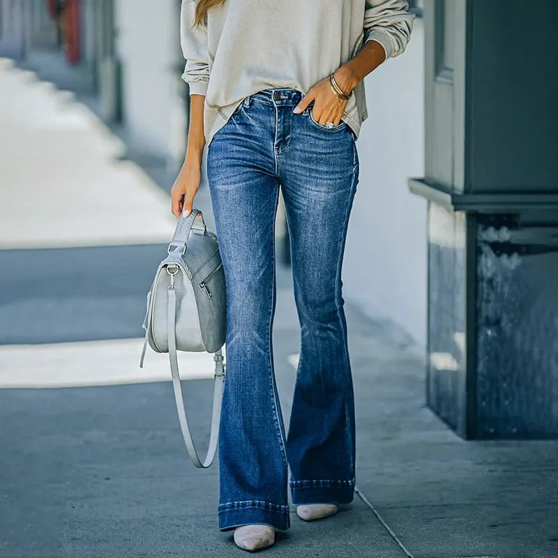 Flare Jeans Women Denim Pants Stretch Pocket Trousers Straight Pants