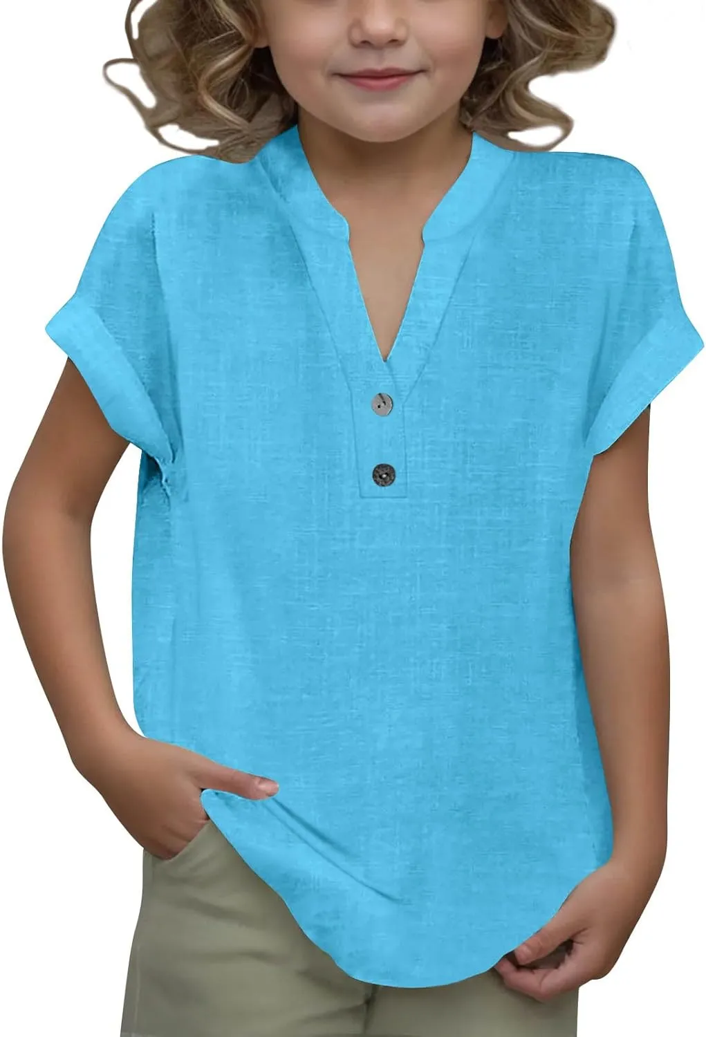 Girls Cotton Linen Shirts Summer Casual Button v Neck Tunic Blouses Kids Trendy Lightweight Solid Short Sleeve Tops