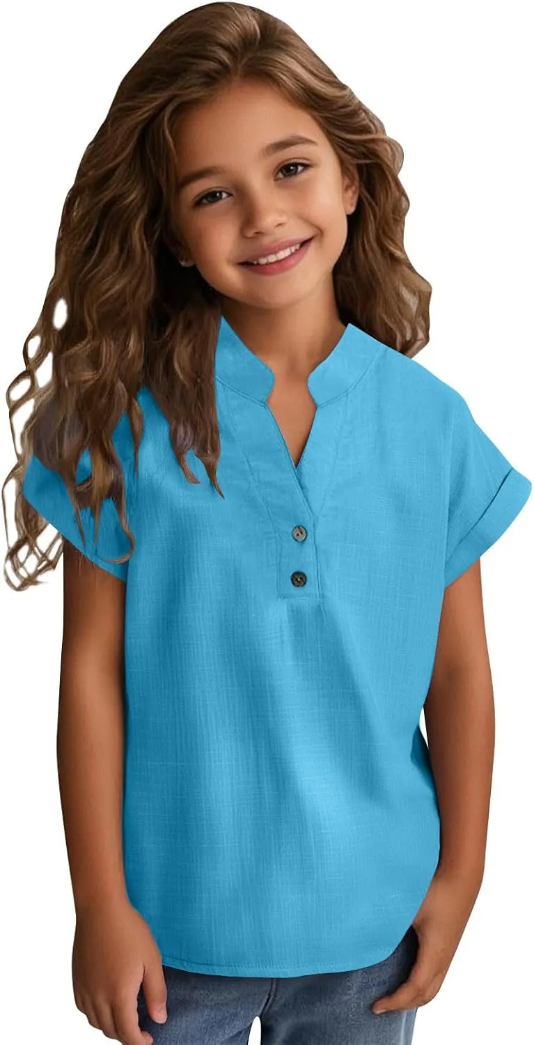 Girls Cotton Linen Shirts Summer Casual Button v Neck Tunic Blouses Kids Trendy Lightweight Solid Short Sleeve Tops