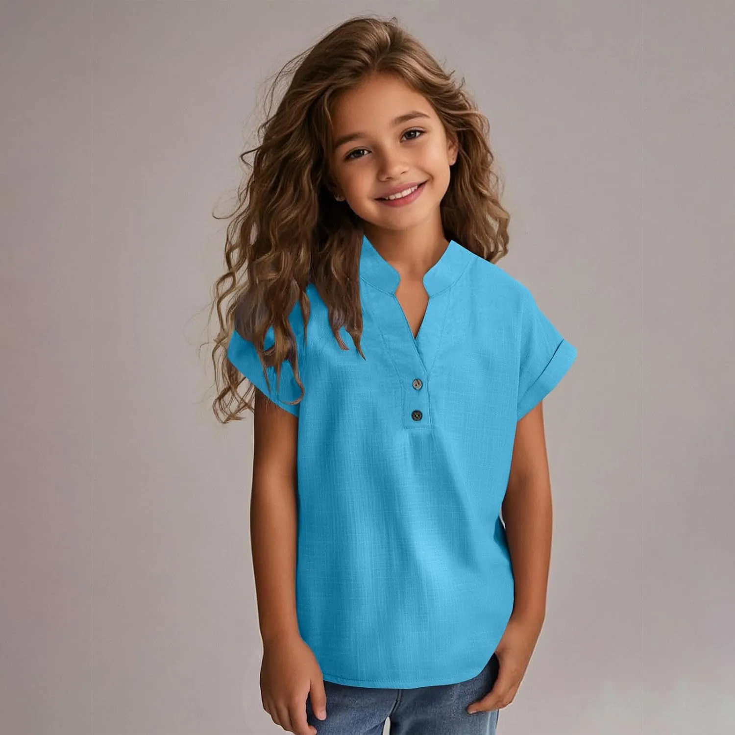 Girls Cotton Linen Shirts Summer Casual Button v Neck Tunic Blouses Kids Trendy Lightweight Solid Short Sleeve Tops