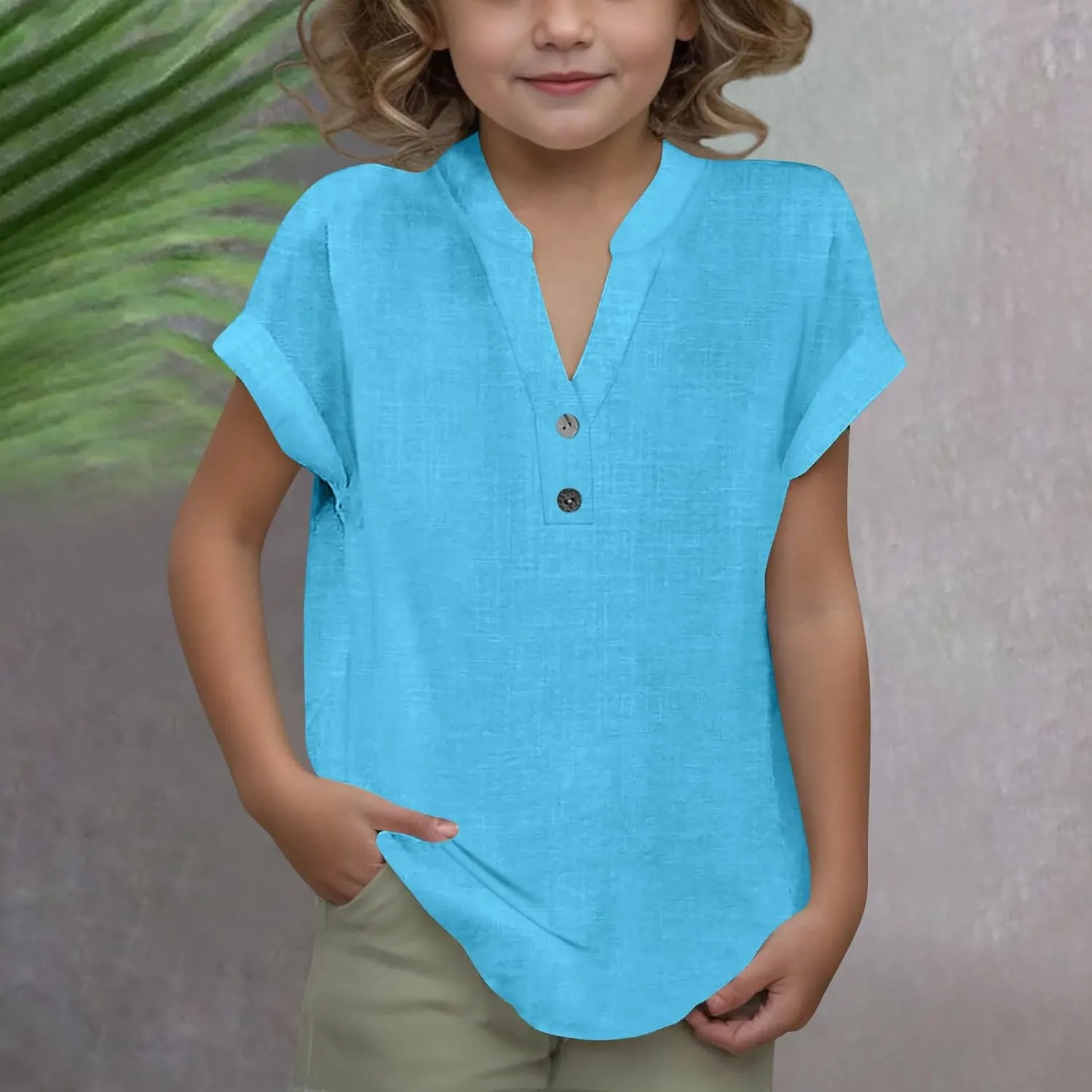 Girls Cotton Linen Shirts Summer Casual Button v Neck Tunic Blouses Kids Trendy Lightweight Solid Short Sleeve Tops