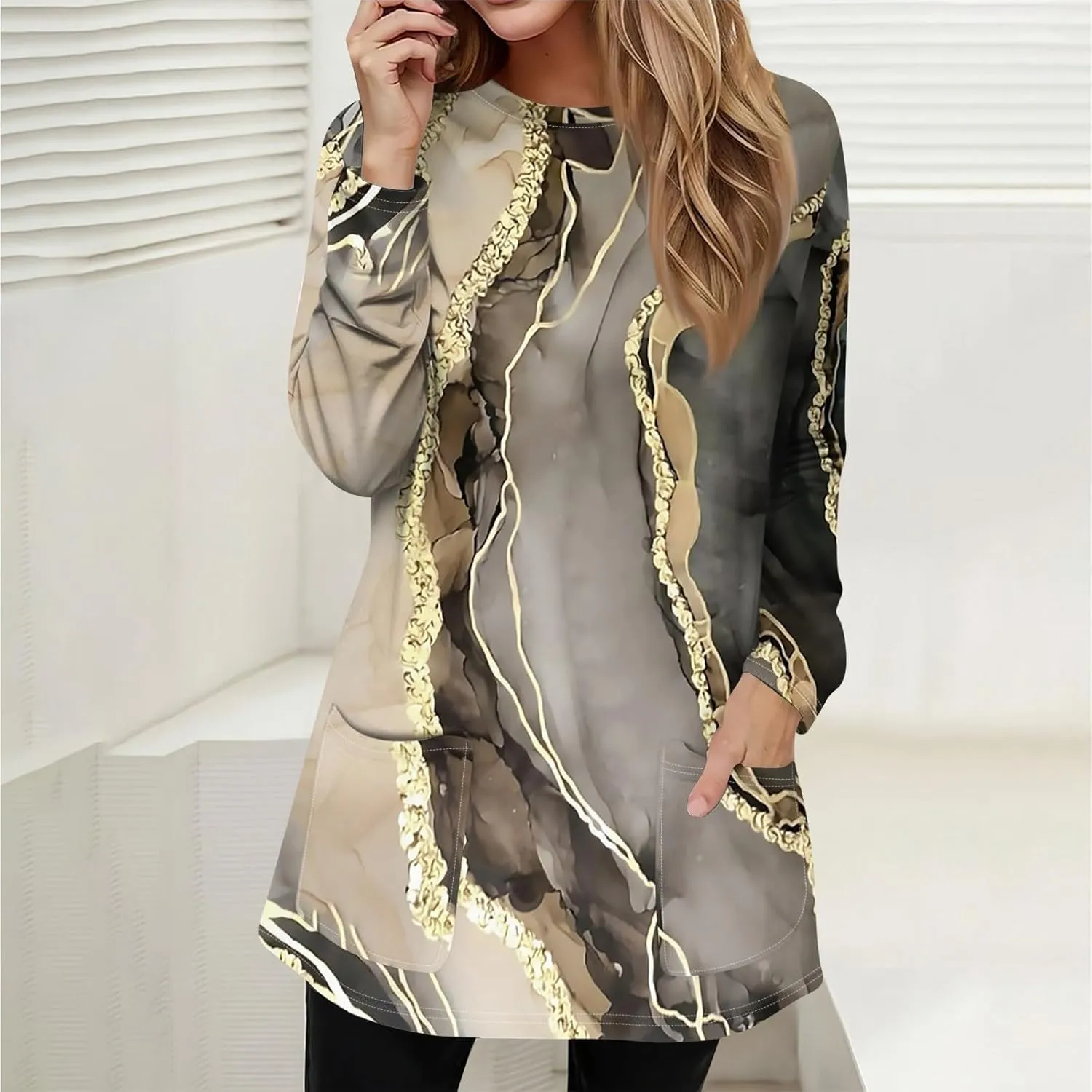 GOFULY Dress Blouses for Women Fall Tunic Tops Loose Fit Trendy Tshirt Long Sleeve Tops Winter Crewneck Outfits with Pockets