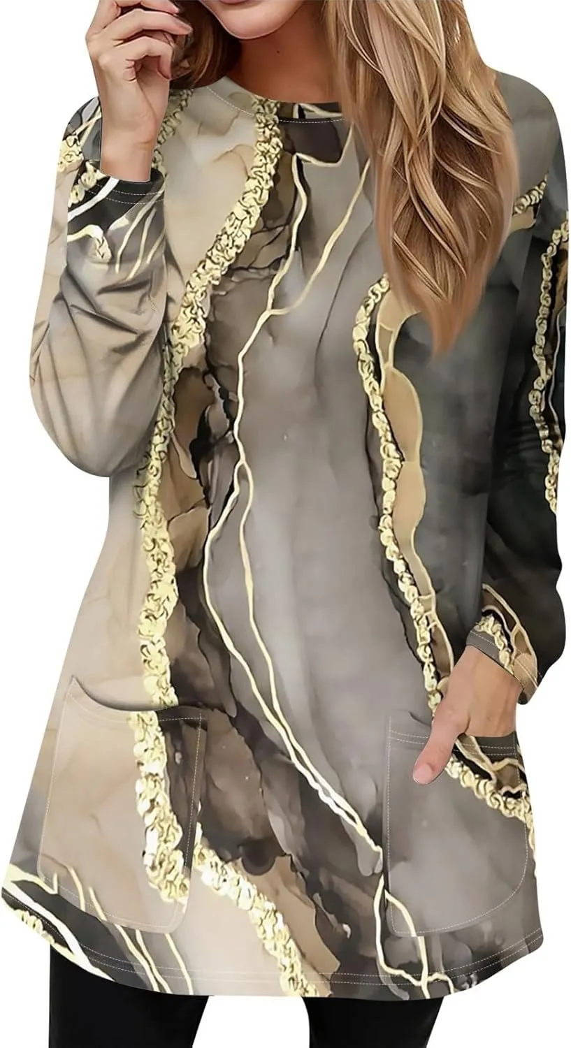 GOFULY Dress Blouses for Women Fall Tunic Tops Loose Fit Trendy Tshirt Long Sleeve Tops Winter Crewneck Outfits with Pockets