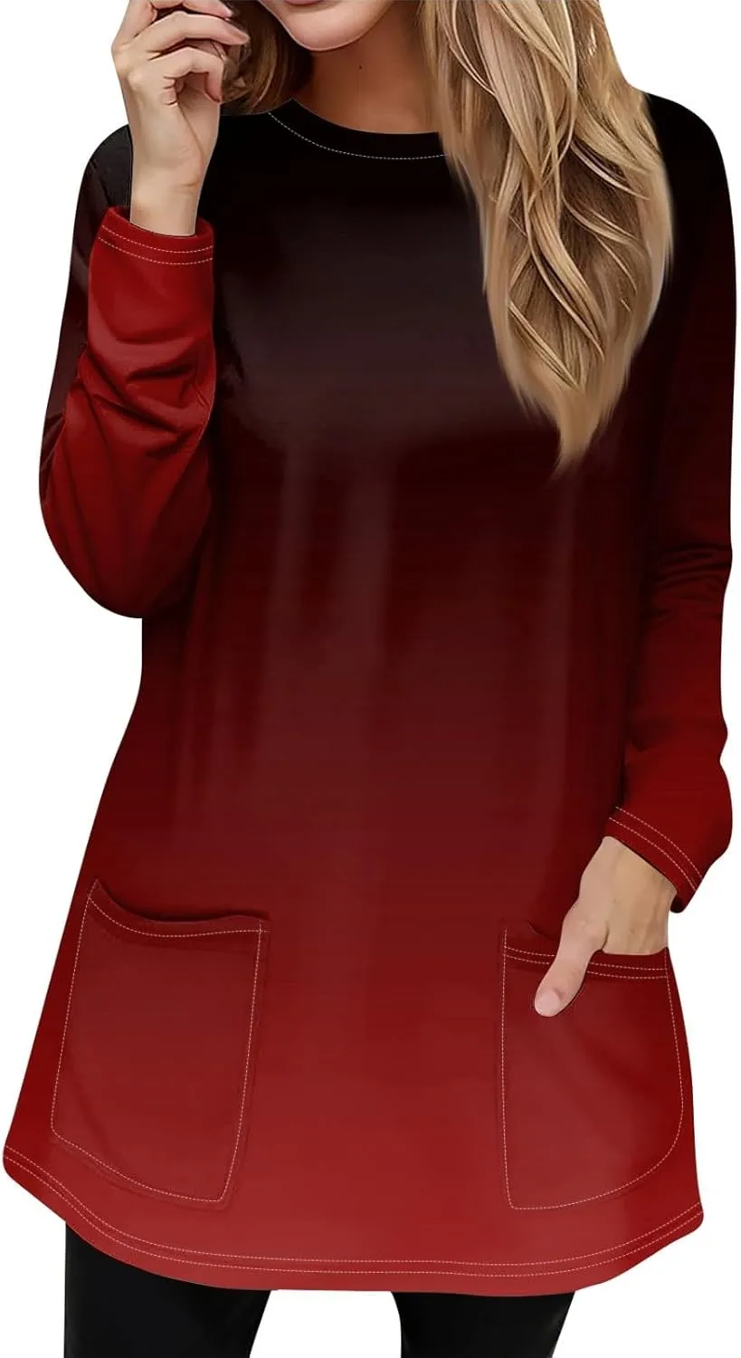 GOFULY Womens Dressy Tunic Tops Long Sleeve Crewneck Work Shirts Fall Elegant Blouses Solid Casual Winter Outfit with Pockets