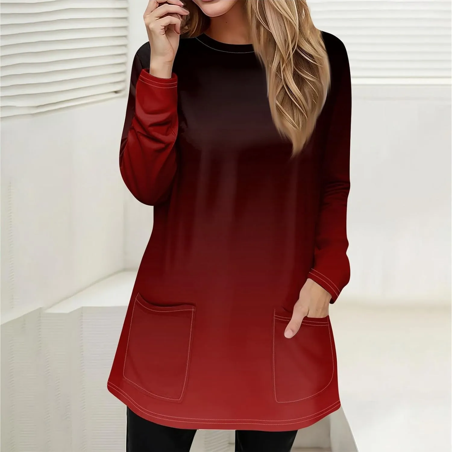 GOFULY Womens Dressy Tunic Tops Long Sleeve Crewneck Work Shirts Fall Elegant Blouses Solid Casual Winter Outfit with Pockets