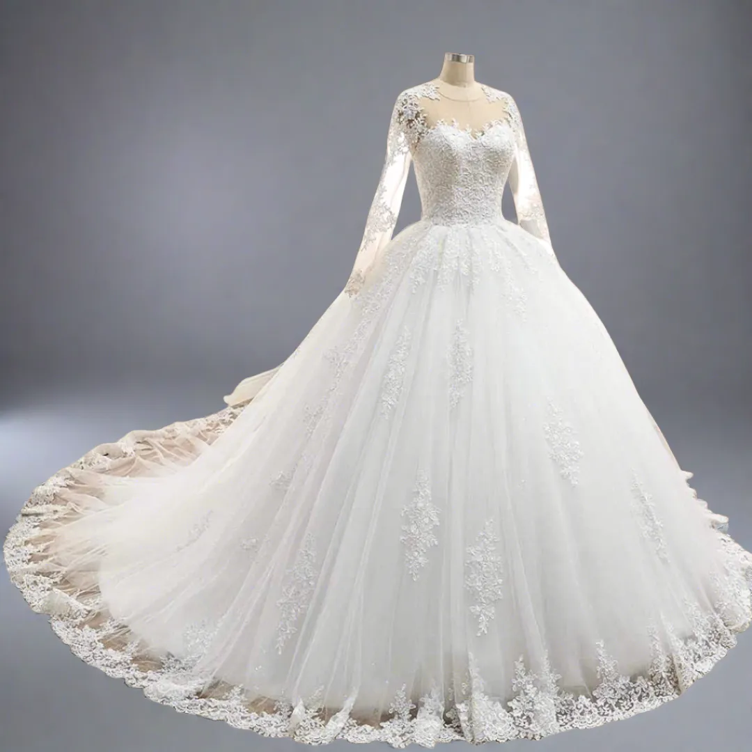 GownLink Stunning Train Gown White Church Wedding Gown with Beaded Lace GLGT009