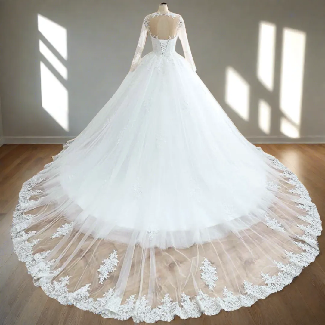 GownLink Stunning Train Gown White Church Wedding Gown with Beaded Lace GLGT009