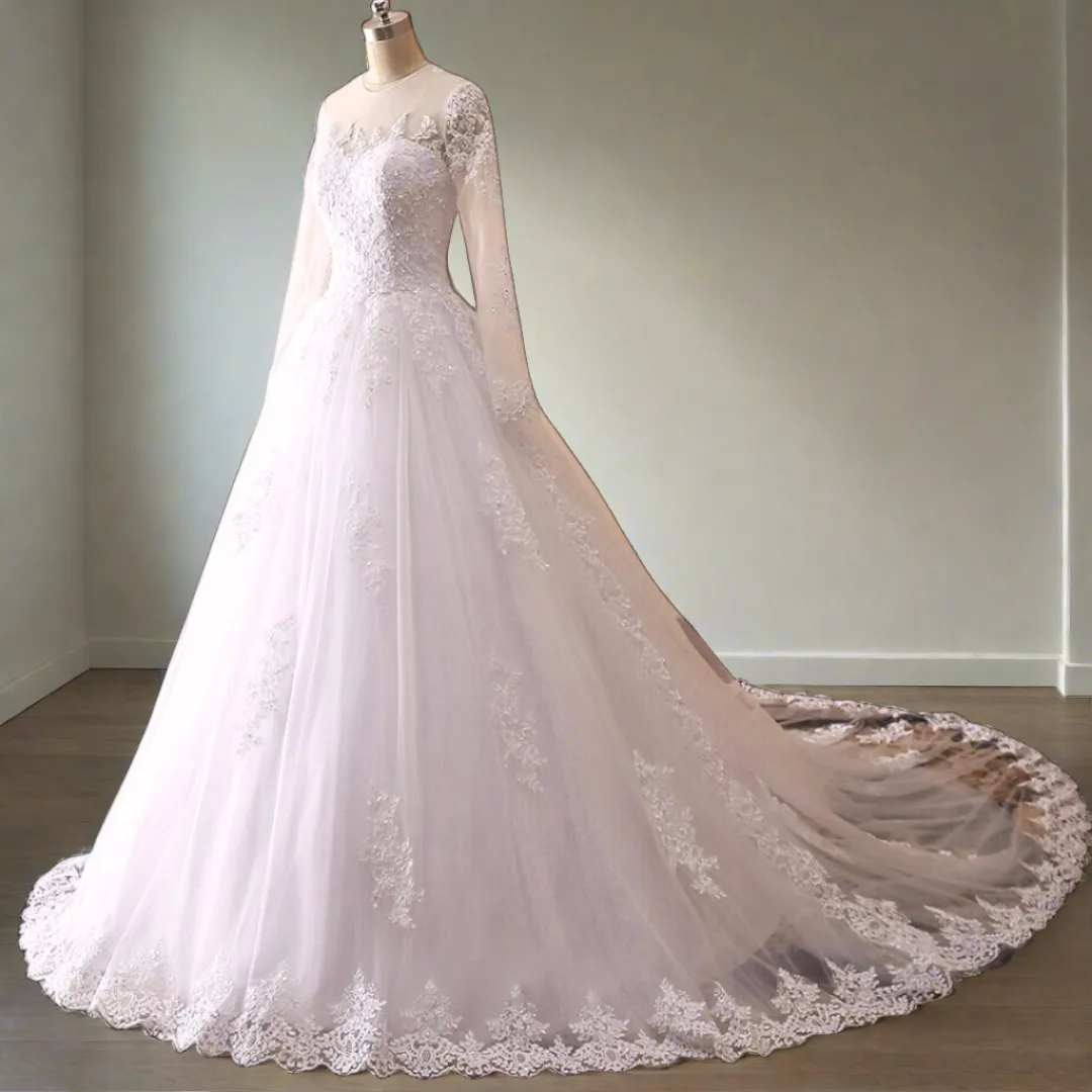 GownLink Stunning Train Gown White Church Wedding Gown with Beaded Lace GLGT009