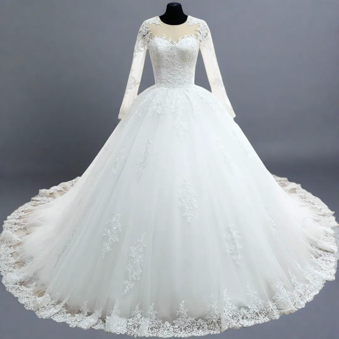 GownLink Stunning Train Gown White Church Wedding Gown with Beaded Lace GLGT009
