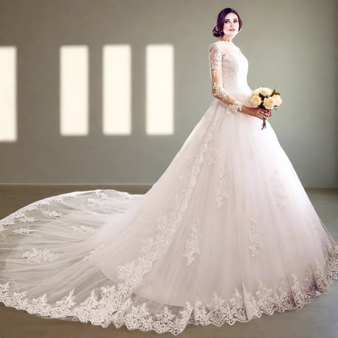 GownLink Stunning Train Gown White Church Wedding Gown with Beaded Lace GLGT009