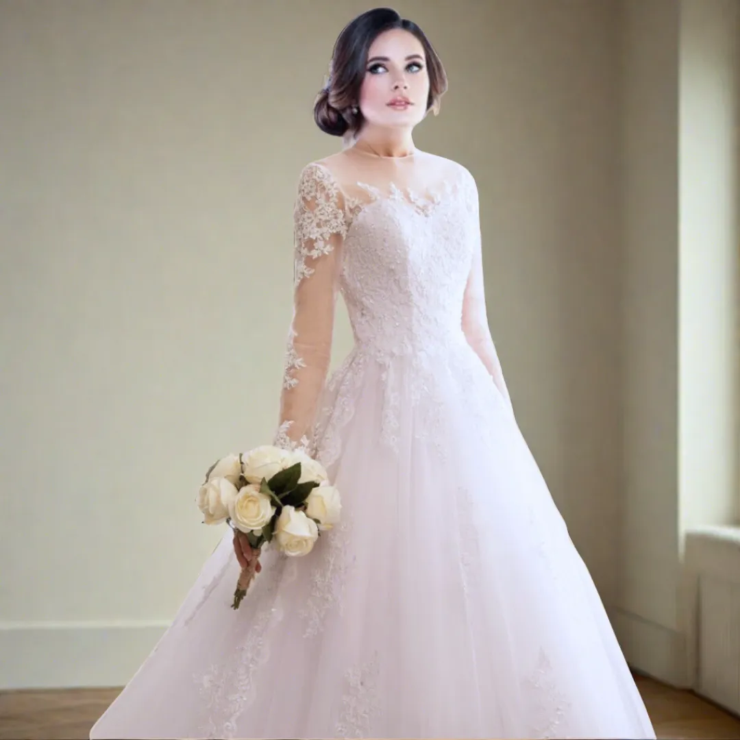 GownLink Stunning Train Gown White Church Wedding Gown with Beaded Lace GLGT009