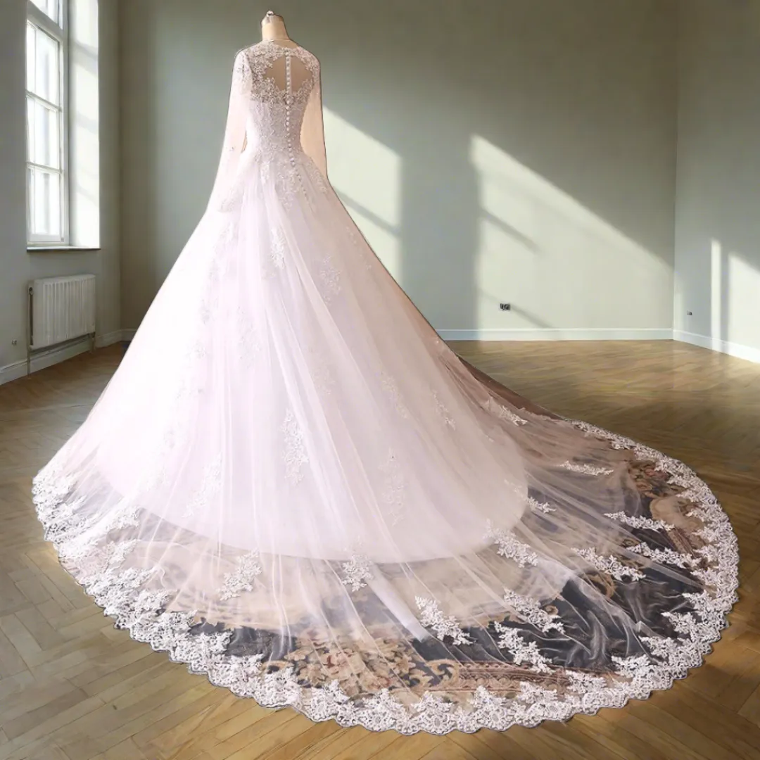 GownLink Stunning Train Gown White Church Wedding Gown with Beaded Lace GLGT009