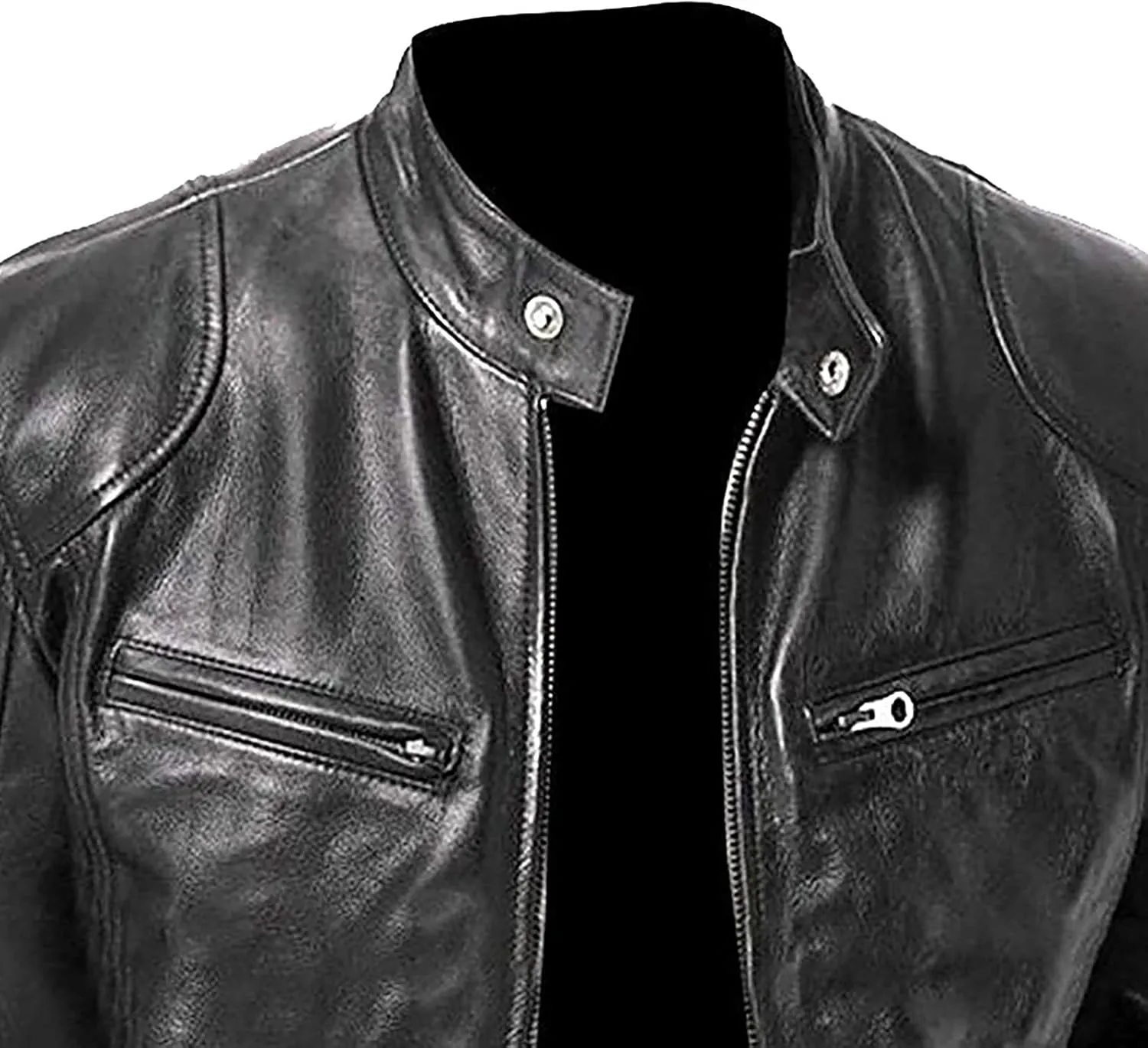Leather Jacket Men Trendy Zipper Stand Collar Fall Jackets Faux Leather Motocycle Coats Streetwear Outwear With Pocket