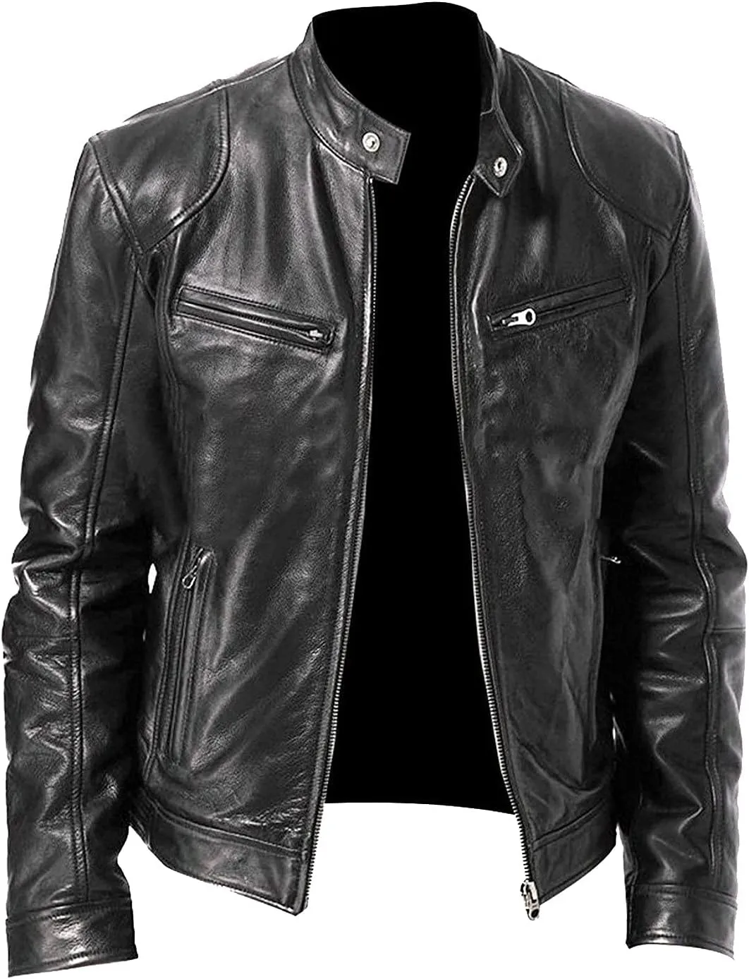 Leather Jacket Men Trendy Zipper Stand Collar Fall Jackets Faux Leather Motocycle Coats Streetwear Outwear With Pocket