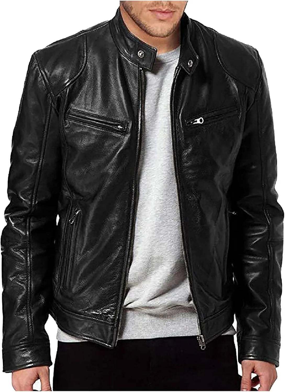 Leather Jacket Men Trendy Zipper Stand Collar Fall Jackets Faux Leather Motocycle Coats Streetwear Outwear With Pocket