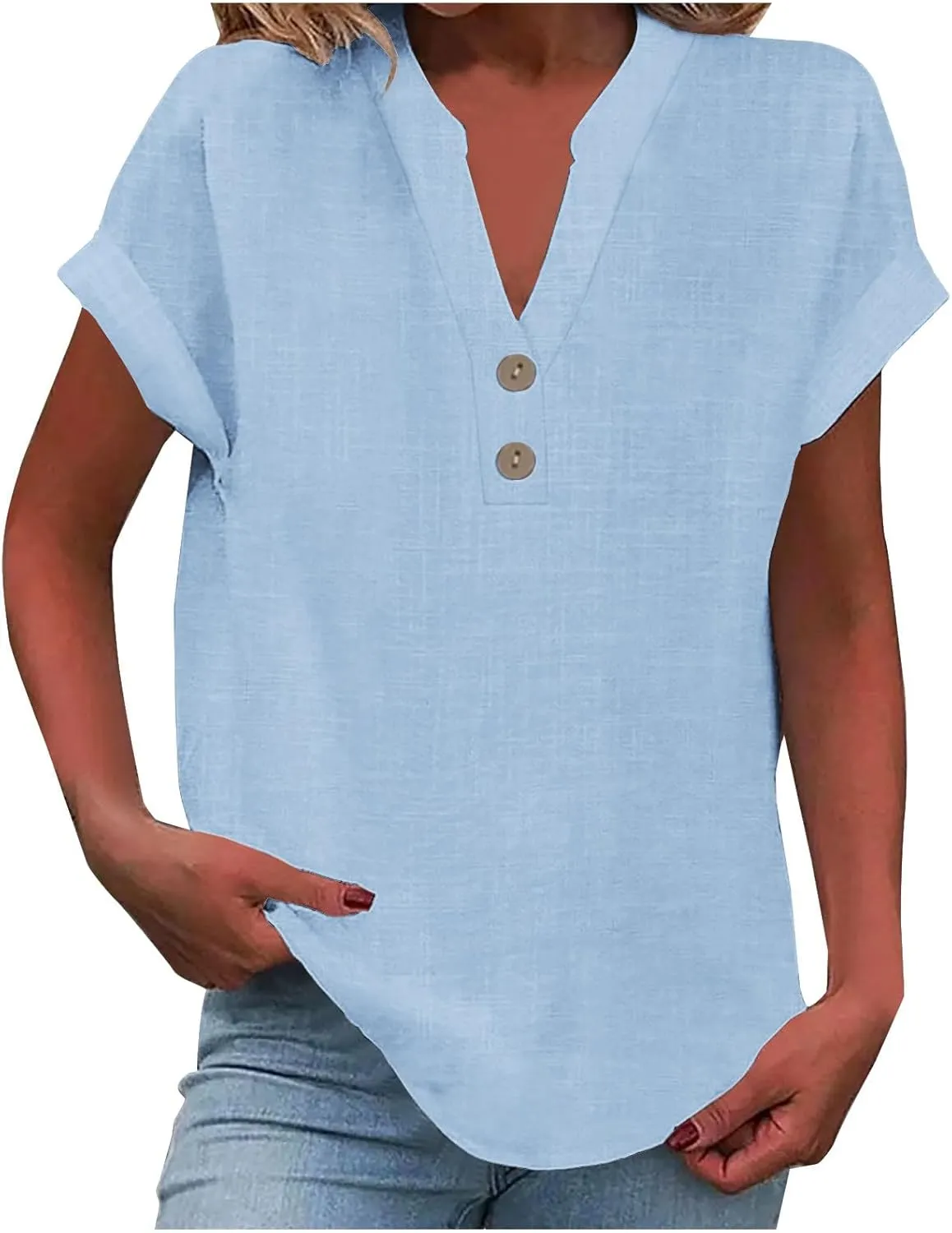 Linen Shirts for Women Casual Work Blouse Tops Summer Short Sleeve Roll Up Loose Fit V-Neck Cotton Button Up Shirt