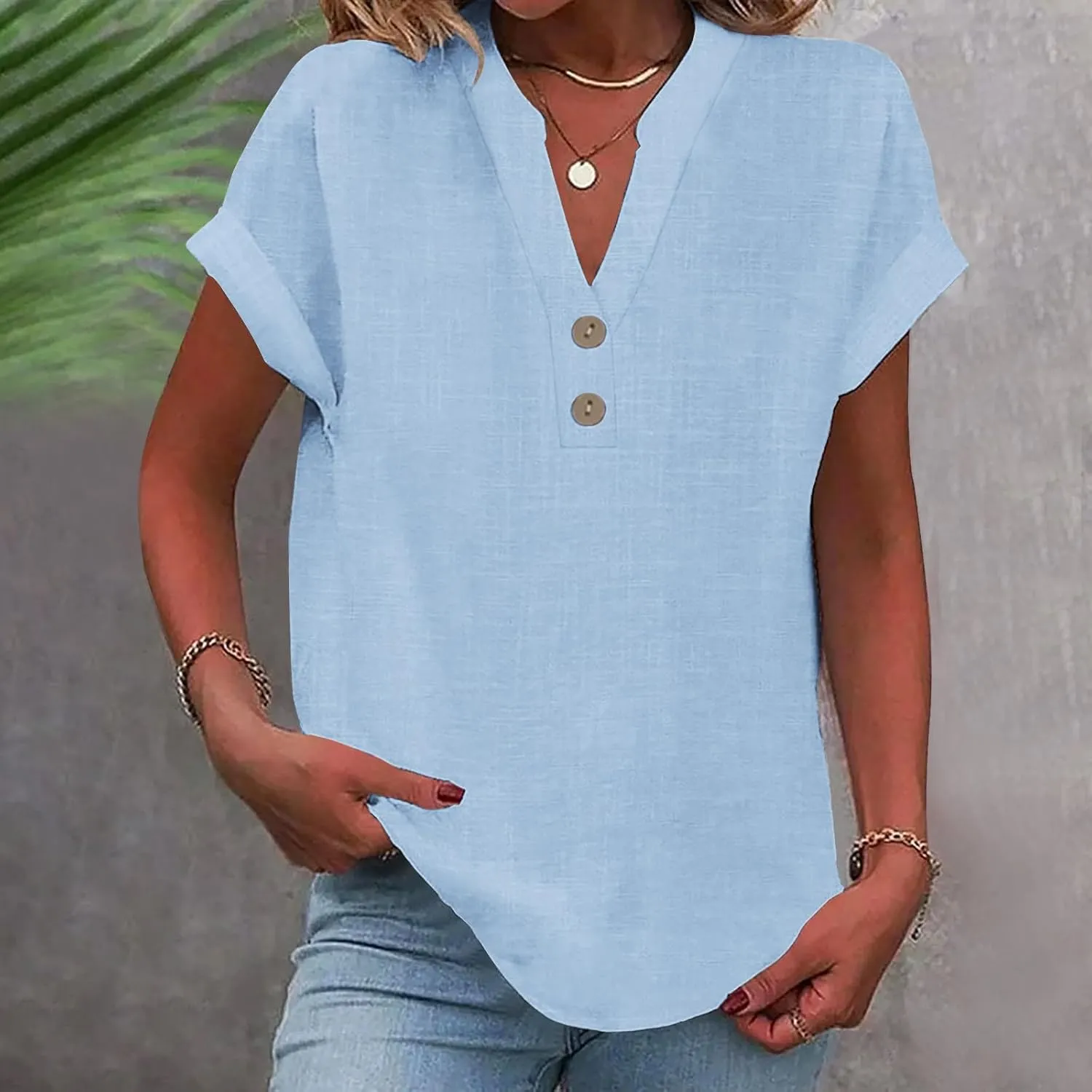Linen Shirts for Women Casual Work Blouse Tops Summer Short Sleeve Roll Up Loose Fit V-Neck Cotton Button Up Shirt