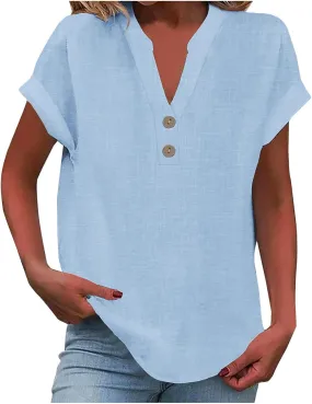 Linen Shirts for Women Casual Work Blouse Tops Summer Short Sleeve Roll Up Loose Fit V-Neck Cotton Button Up Shirt