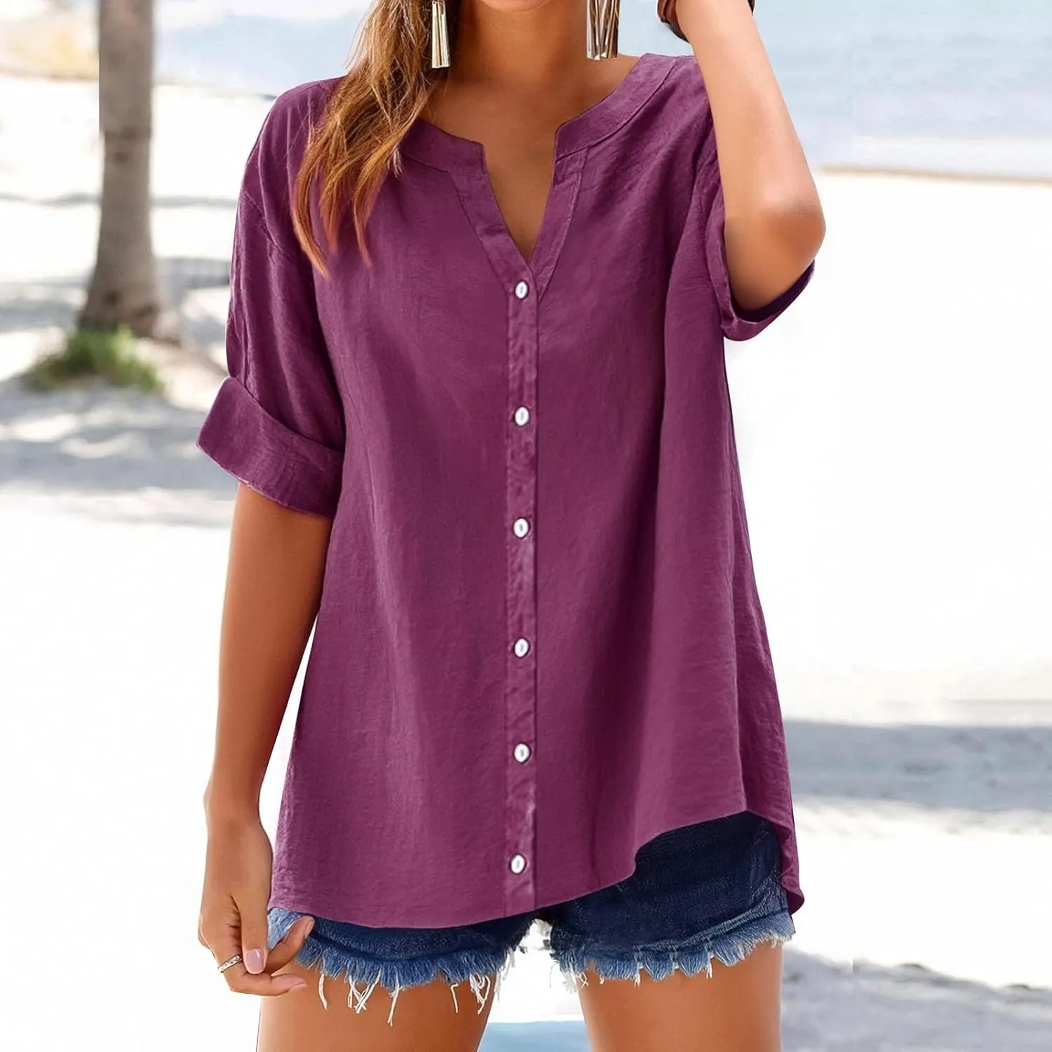 Linen Shirts for Women Plus Size Button Down Cotton Gauze Tops Casual Dressy Roll Up Long Sleeve Loose Work Collared Shirts