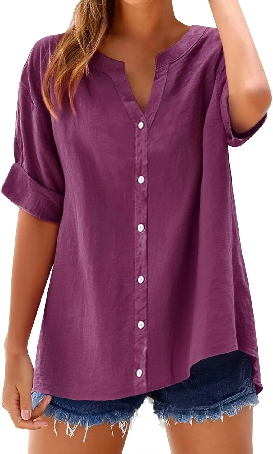 Linen Shirts for Women Plus Size Button Down Cotton Gauze Tops Casual Dressy Roll Up Long Sleeve Loose Work Collared Shirts