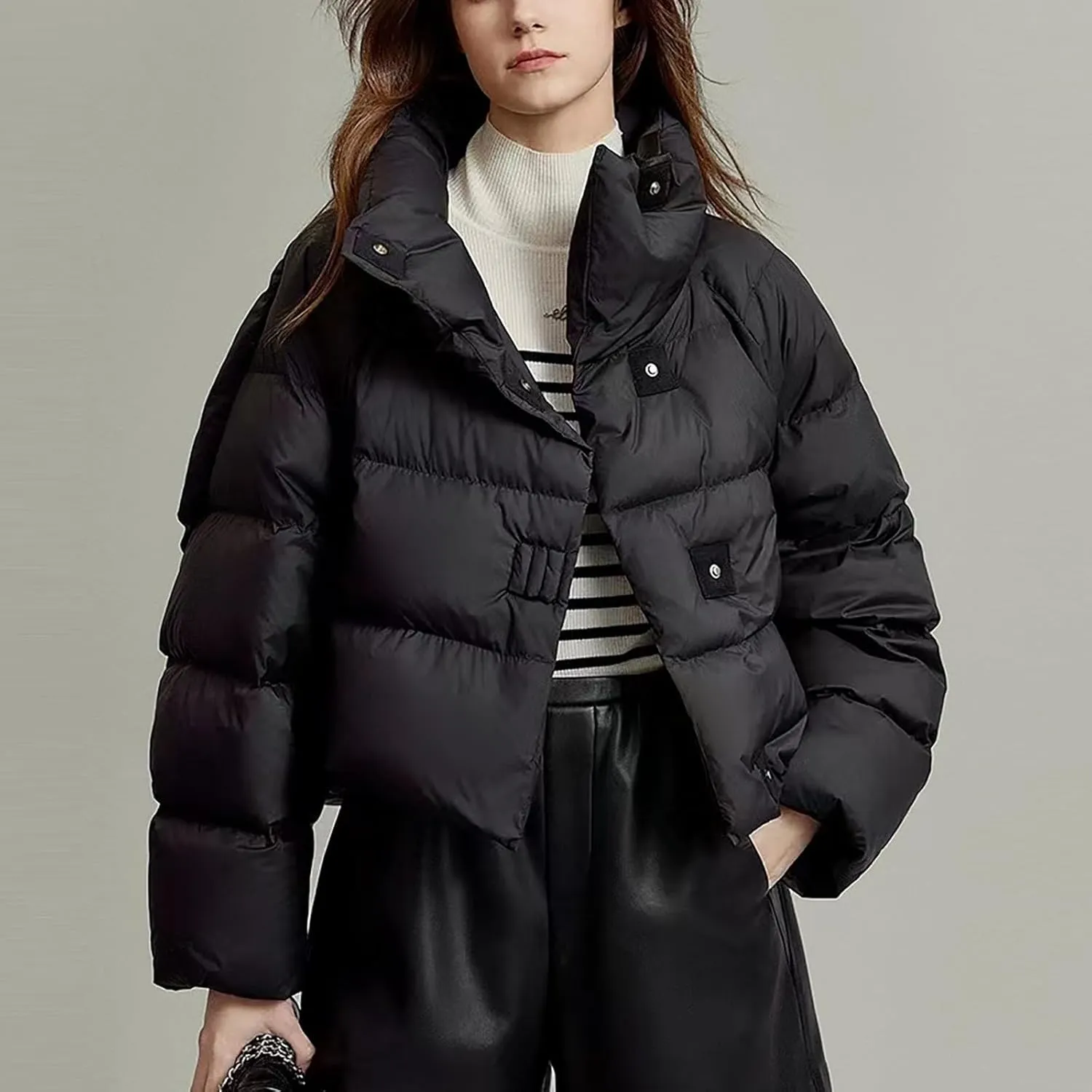 Lmdudan Women's Cropped Quilted Puffer Jacket Outerwear Coats Casual Loose Stand Collar Solid Puffer Down Coat 2024 Winter