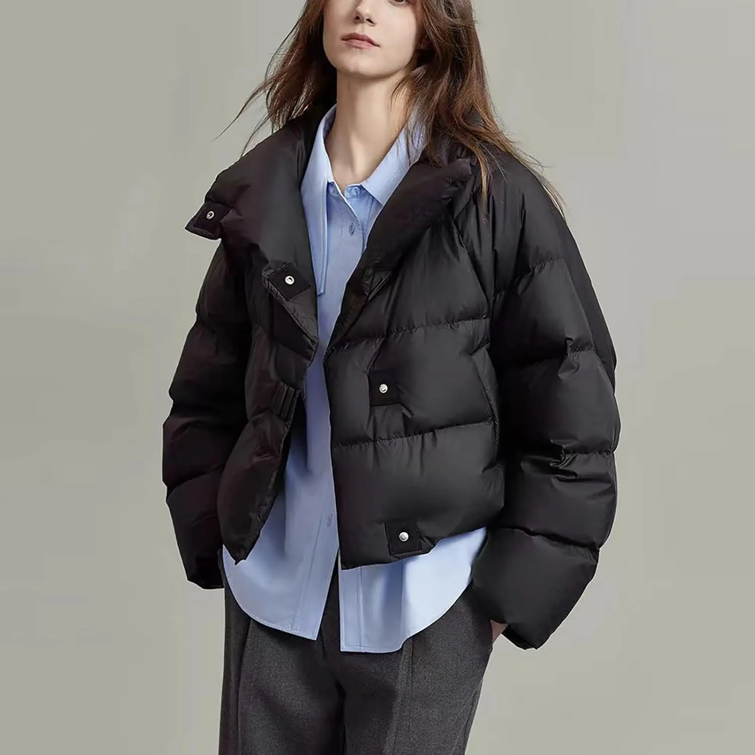 Lmdudan Women's Cropped Quilted Puffer Jacket Outerwear Coats Casual Loose Stand Collar Solid Puffer Down Coat 2024 Winter